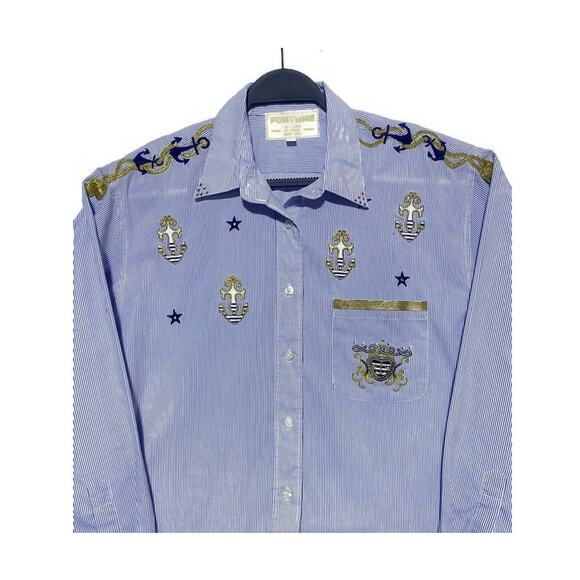 Fortune by Stan Embroidered Shirt Women's Large Nautical Theme Blue Pinstripe - Picture 7 of 7